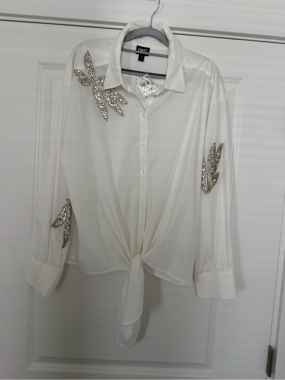 INC International Concepts White Button-Up Blouse with Rhinestone Leaf Applique